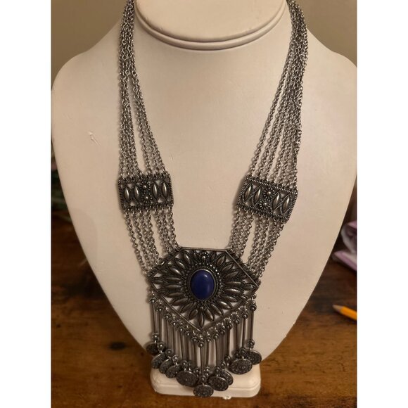 Boho Gypsy Coin Bib Necklace Bold Silver Statement With Blue Stone - Picture 10 of 16